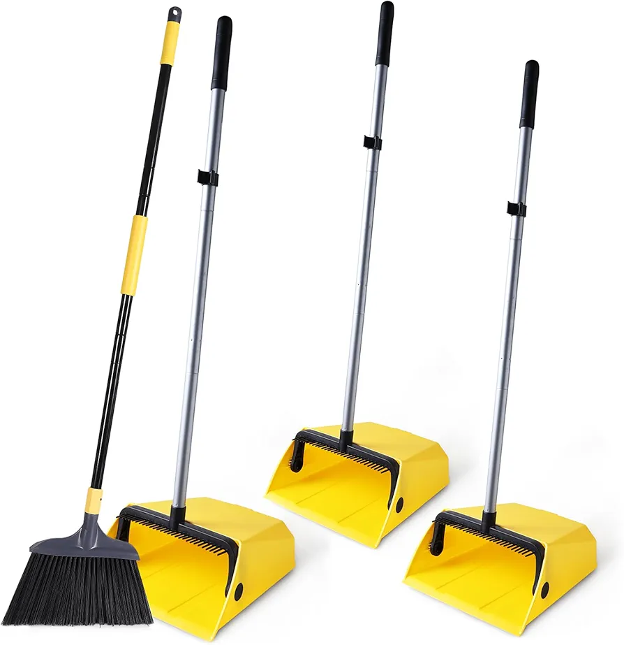 Yocada Heavy Duty Broom and Dustpan Set 1+3 with Comb Commercial Outdoor Indoor Perfect for Courtyard Garage Lobby Mall Market Floor Home Kitchen Room Office Pet Hair Rubbish