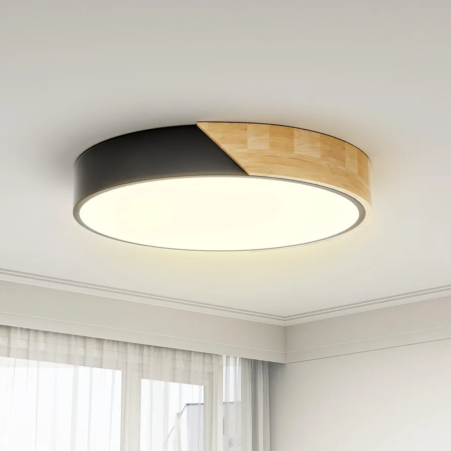 Light Fixtures Ceiling Mount: 12 Inch Black and Wood Flush Mount Ceiling Light 24W Bedroom Lights for Round Led Ceiling Lights for Laundry Room Hallway Closet Warm White 3000K, Not Dimmable