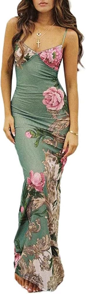 Women Vintage Spaghetti Strap Maxi Dress Sexy Low Cut Backless Floral Satin Slip Long Dress Y2k Cami Bodycon Dresses