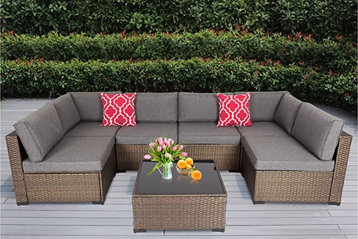 Patio Furniture Set Outdoor Sectional Sofa - Kinfant PE Rattan Wicker Conversation Set with Glass Table and Cushions for Porch Balcony Garden Poolside (Dark Grey, 7 Pcs)