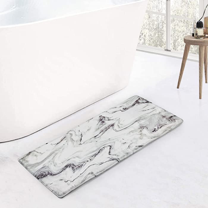 MitoVilla Grey Bathroom Runner Rug, Absorbent Memory Foam Bath Rugs, Non Slip Marble Door Mat, Soft Shaggy Shower and Bath Room Floor Mats for Tub, Machine Washable, Grey and White, 16"x 47"