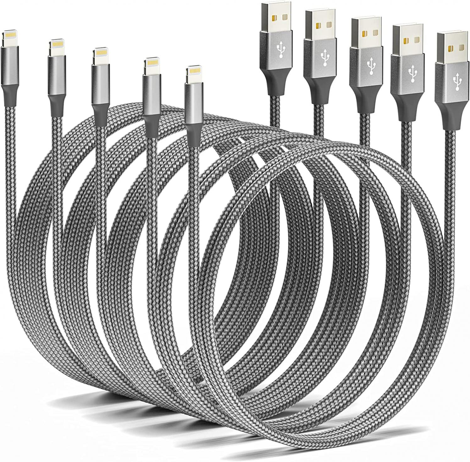 [Apple MFi Certified] iPhone Charger Cable 5pack [3/3/6/6/10FT] Nylon Braided Compatible iPhone 1/11 Pro/Pro Max/SE/X/XS Max/XR/8/8 Plus/7/7 Plus/iPad/iPod Grey