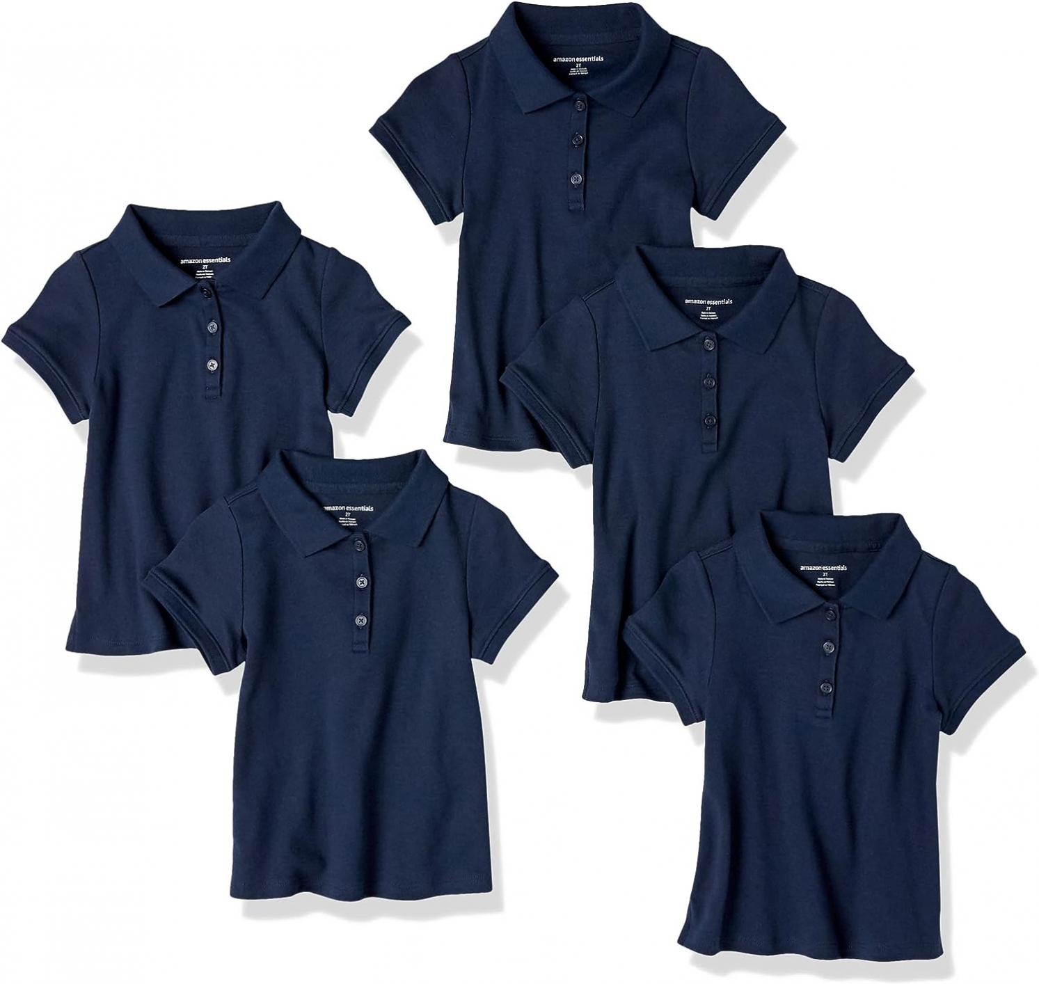 Amazon Essentials Girls and Toddlers' Uniform Short-Sleeve Interlock Polo Shirt, Multipacks