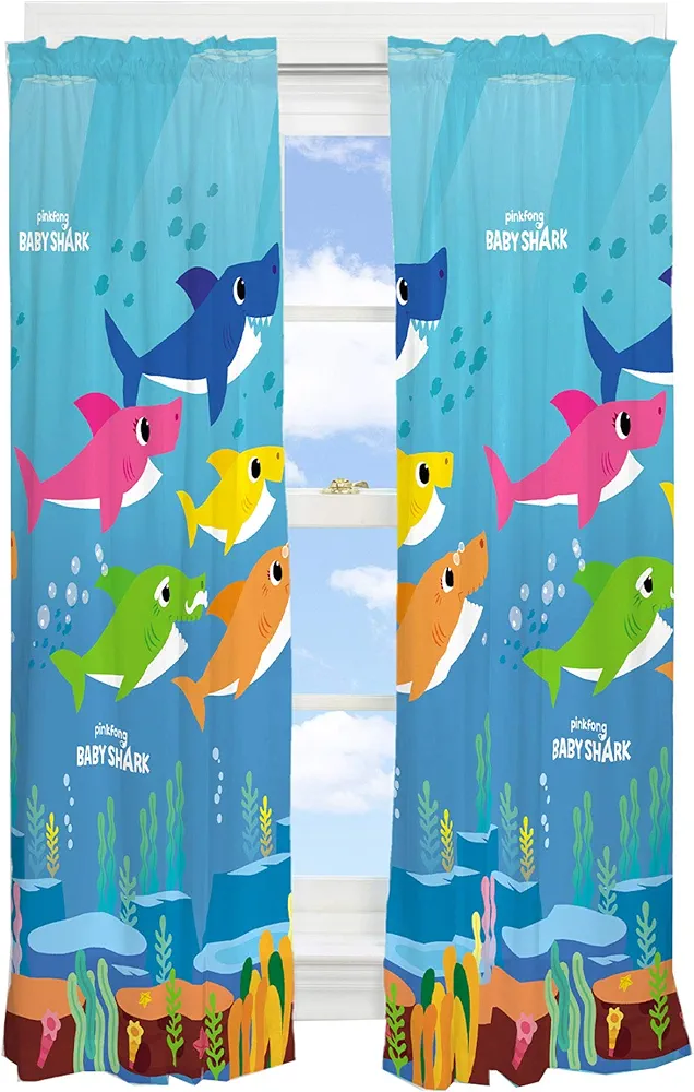 Franco Kids Room Window Curtain Panels Drapes Set, 82 in x 63 in, Baby Shark