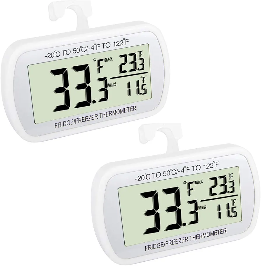 Waterproof Refrigerator Fridge Thermometer, Digital Freezer Room Thermometer, Max/Min Record Function Large LCD Screen and Magnetic back for Kitchen, Home, Restaurants (2 pack)