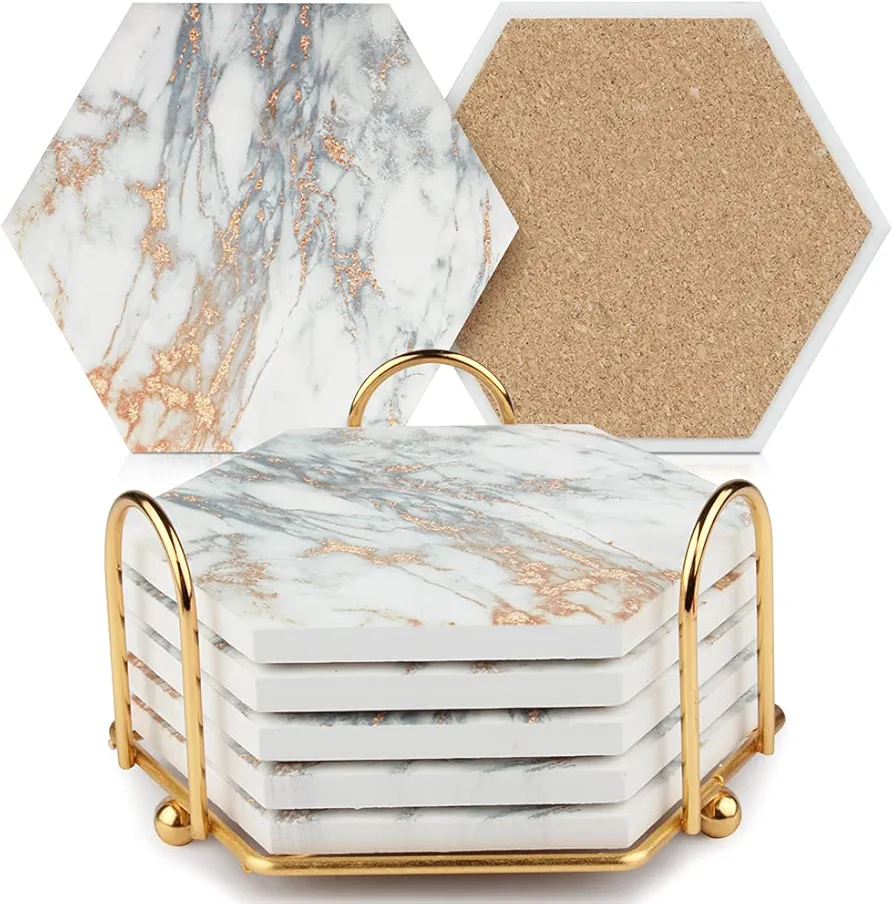 Geila Coasters for Drinks, 6pcs Coasters for Coffee Table, Marble Coasters for Drinks Absorbent with Metal Holder, Gold Cup Coasters Set Rustic Home Decor for Living Room Bar - Housewarming Gifts