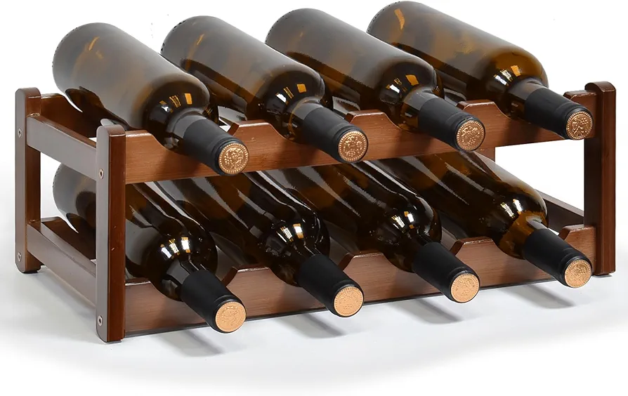 Wine Rack, 8 Bottles 2-Tier Free Standing Wine Racks, Bamboo Wine Rack Countertop Holder Storage Shelf for Kitchen Cabinet Dining Room Bar (Brown)