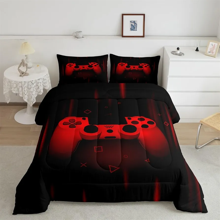 Feelyou Twin Comforter Set for Boys Gamer Bedding Set for Boys Kids Gaming Comforter Red Black Teen Child Gamer Room Decor Soft Game Geometric Duvet Quilted 1 Comforter with 1 Pillowcase Gamer Gifts