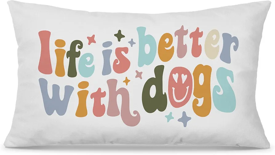 Preppy Retro Funny Dog Quotes Life is Better with Dogs Decorative Throw Pillow Case Cover 12″×20″,Funny Dog Decorations for Home Bedroom Girls Room,Gifts for Dog Mom Lovers Women Girls