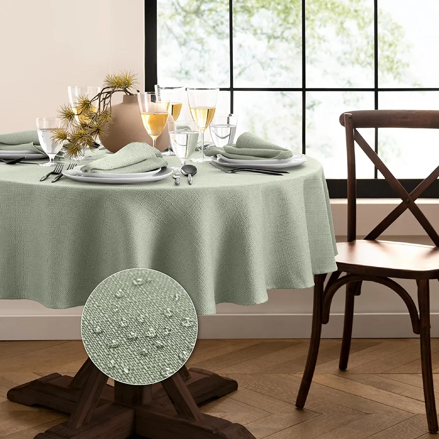 Elrene Home Fashions Laurel Solid Texture Water and Stain Resistant Tablecloth, 60"X84" Oval, Sage