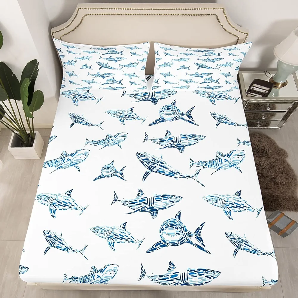 Erosebridal Shark Bed Sheets Full Ocean Life Fitted Sheet for Child Boys Blue Watercolor Hand Drawn Cartoon Sharks Bed Set Underwater Sea Wild Animals Fish Room Decor Marine Life Bedding Set