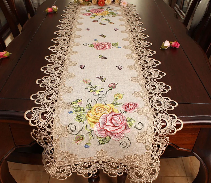 AMT Vintage Venice Lace with Floral Cross Stitch Embroidered Linen Table Runner/Dresser Scarf - Beige/ White (Beige, 12 x 18 OB.)