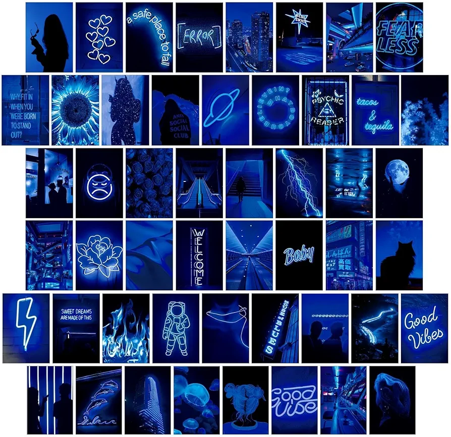 50PCS Blue Neon Wall Collage Kit Aesthetic Pictures,Dark Blue Room Decor for Bedroom Trendy Small Posters for Room Aesthetic Dorm Photo Wall Decor Gift for Teen Girls 4x6 Inch