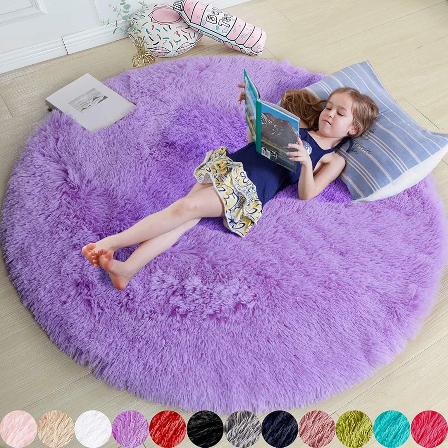 Purple Round Rug for Girls Bedroom,Fluffy Circle Rug 4'X4' for Kids Room,Furry Carpet for Teen's Room,Shaggy Circular Rug for Nursery,Fuzzy Plush Rug for Dorm,Purple Carpet,Cute Room Decor for Baby