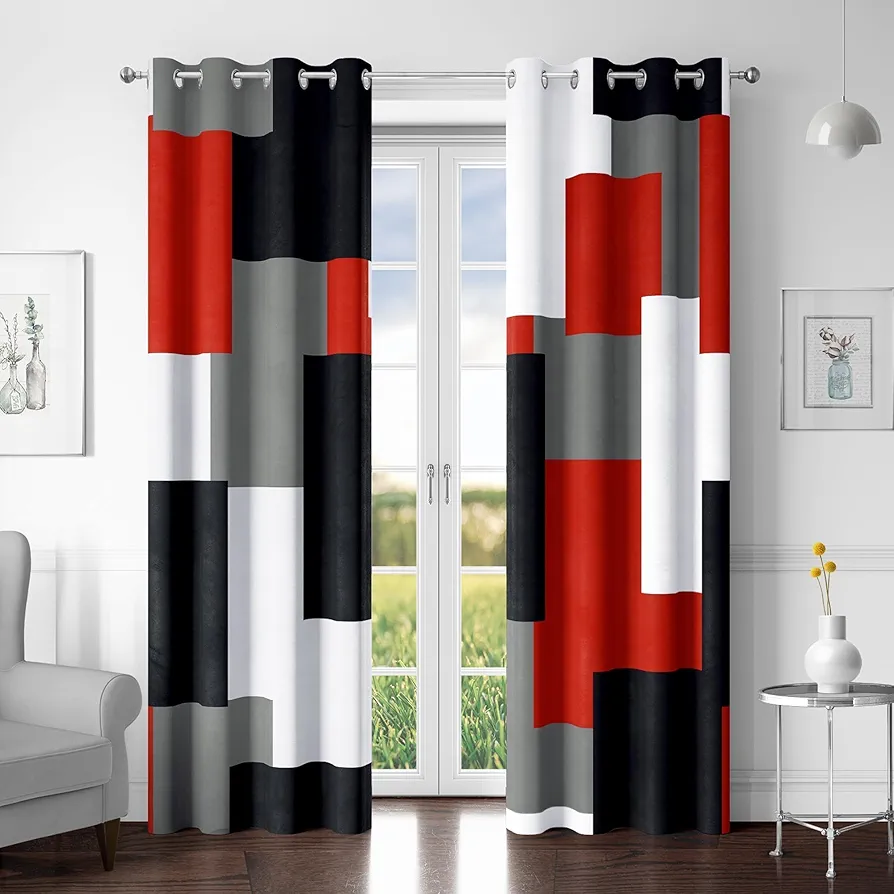 Red Black 100% Blackout Curtains for Bedroom 84 inch Length 2 Panels Set White Grey Abstract Geometric Black Out Curtains Thermal Insulated Room Darkening Window Drapes for Living Room, 52Wx84L