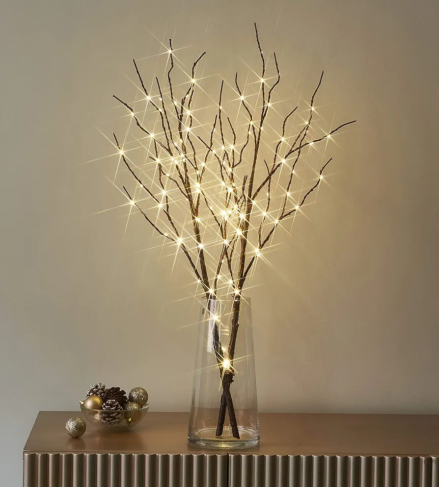 LITBLOOM Lighted Brown Willow Branches 30IN 100 LED with Timer Battery Operated, Tree Branch with Warm White lights for Holiday Christmas Decoration Indoor Outdoor Use