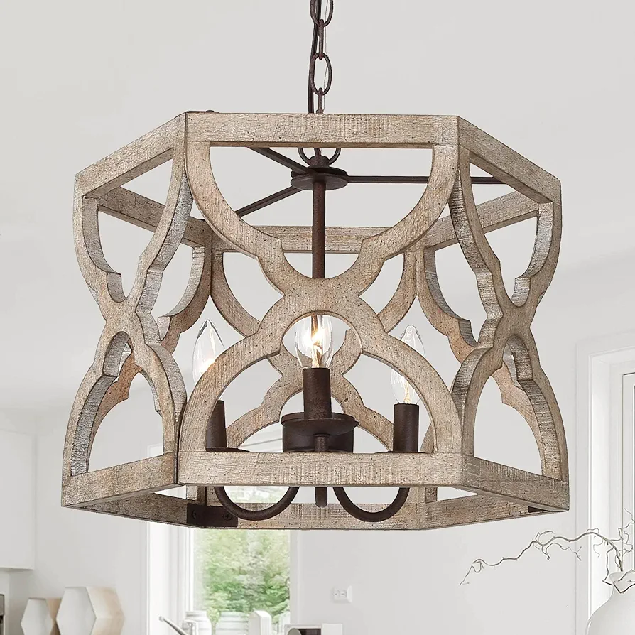 KSANA Farmhouse Chandelier, 3-Light Rustic Wood Drum Pendant Chandeliers Light Fixtures for Dining Room, Kitchen, Bedroom, Entryway, Foyer