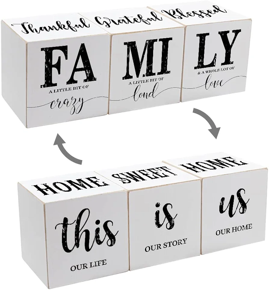 Farmhouse Home Decorations for Living Room, Rustic Wooden sign, 4 Sides-This Is Us Sign&Our Life Our Story Our Home Letter Blocks, for Book Shelf Mantle Coffee Table Top Decor.