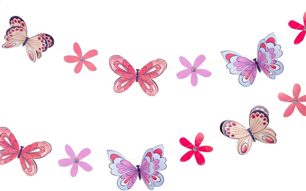 Pretty Butterfly Bunting Pink Garland Birthday Decorations for Girls and Kids Party Supplies, Childrens Room Décor, Baby Shower - 16ft