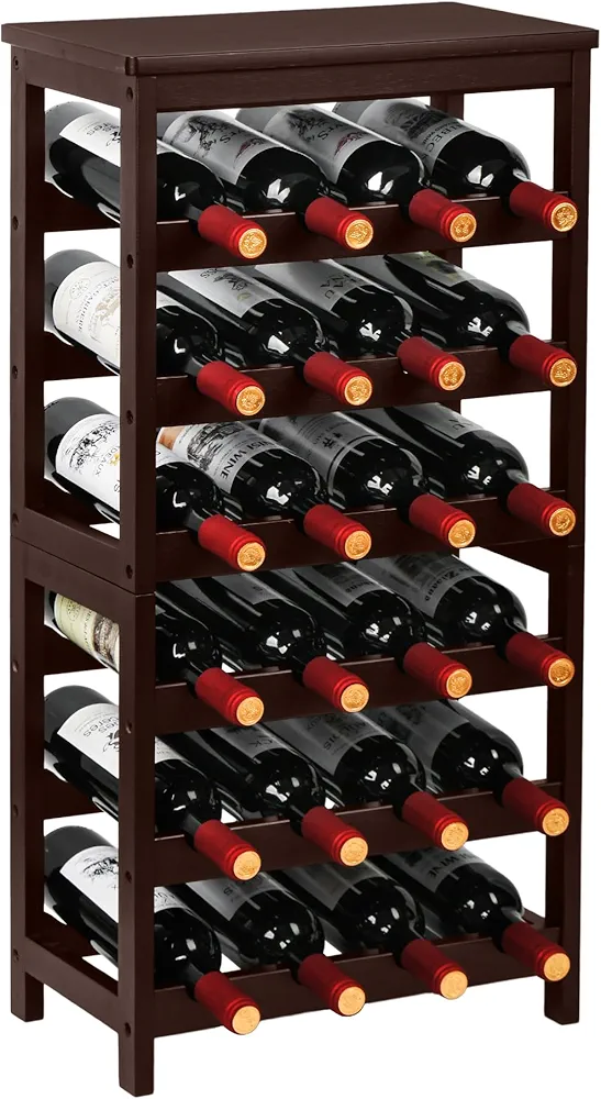 Wine Rack Free Standing Floor, 6-Tier Display Wine Storage Shelves with Table Top, 24-Bottle Bamboo Wine Rack Shelf for Kitchen Bar Dining Room Living Room, Brown