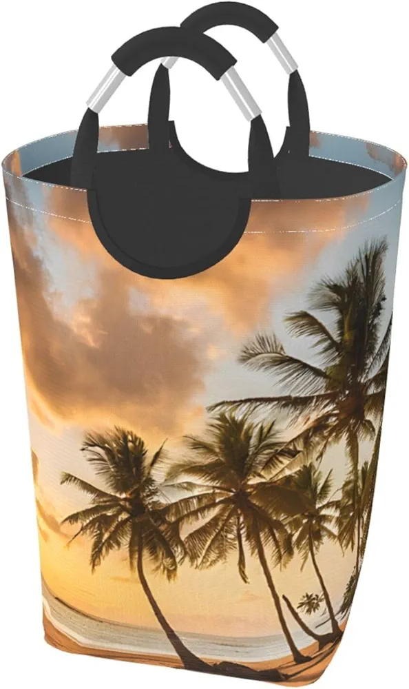 Laundry Basket Collapsible Clothes Hamper for Dirty Clothes, Laundry Bag with Handles Blanket Toys Storage Blanket, Dorm Room Essentials Accessories - Sunset Hawaiian Palm Tree