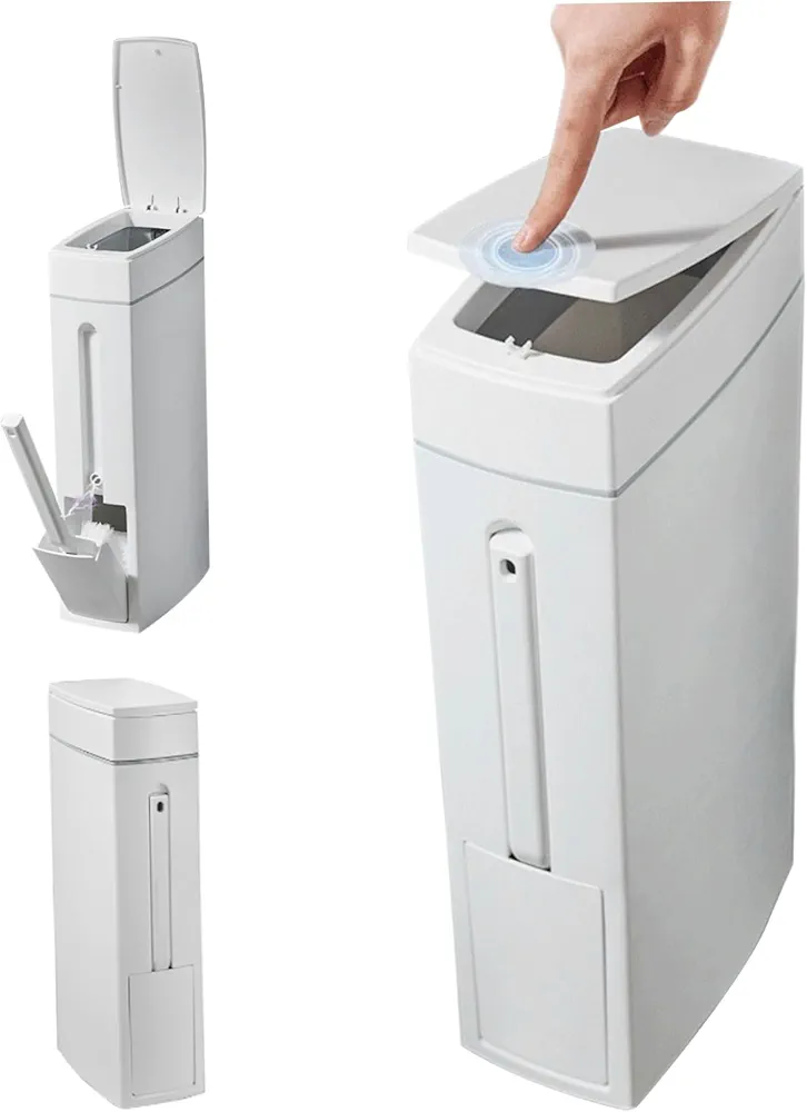 Toilet Trash Can,Bathroom Trash Can 4x8x17in 4.5L Slim Bathroom Bin with Toilet Brush Holder Press-Opening White Rectangular Toilet Trash Can for Toilet Kitchen Space Saving