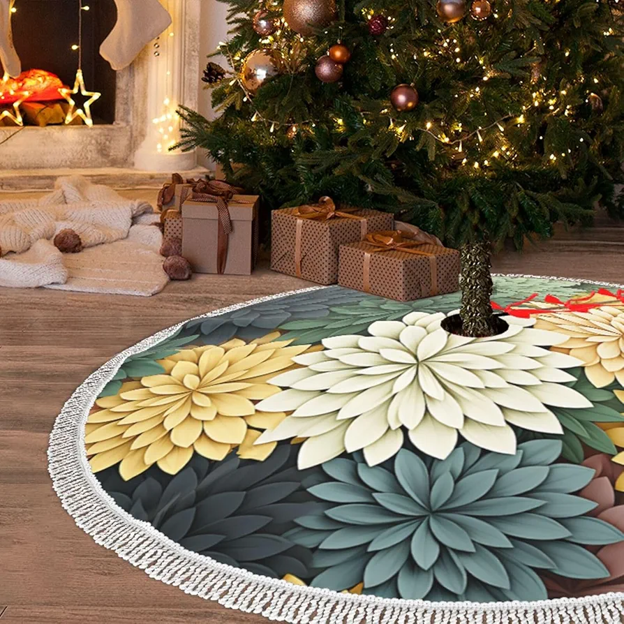 30" Christmas Tree Skirt with Tassel Petals Garden Leaves Xmas Tree Skirts Tassel Tree Mat Ornament for Home Indoor Outdoor Room Holiday Decoration