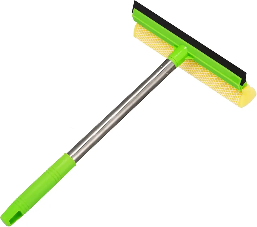 Professional 2 in 1 Window squeegee with Long Stainless Steel Handle,Sponge Car Window Squeegee for Gas Station, Glass,Shower,Outdoor High Window Cleaning