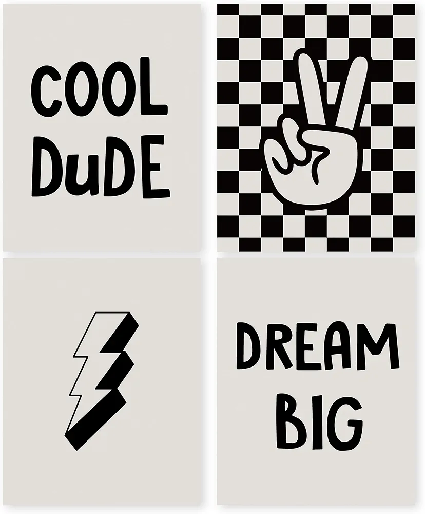 HRQKO Dream Big Boys Room Wall Art Poster Prints Set of 4, Boys Room Wall Decor,Preppy Cool Dude Artwork Prints Posters Wall Decor, Retro Black Checked Decor for Toddler Boys Playroom 8”x10” Unframed