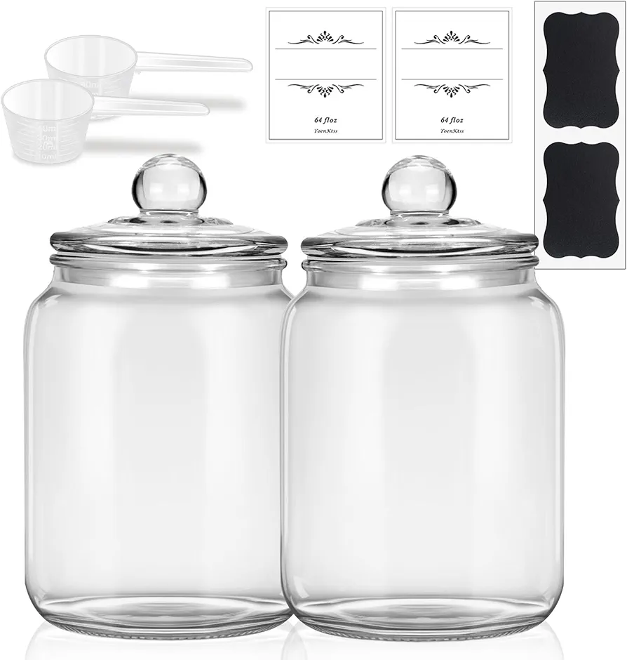 1/2 Gallon Glass Storage Jars for Laundry Room Organization, 2 Pack Apothecary Jars with Lids, Flour Sugar Storage Containers for Kitchen