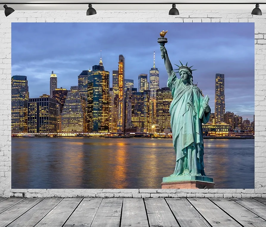 CORFOTO Fabric 7x5ft Statue of Liberty Backdrop Theme Photography Night USA New York City Statue Building Background for Independence Day Anniversary Kids Adults Photo Booth Banner Room Decor