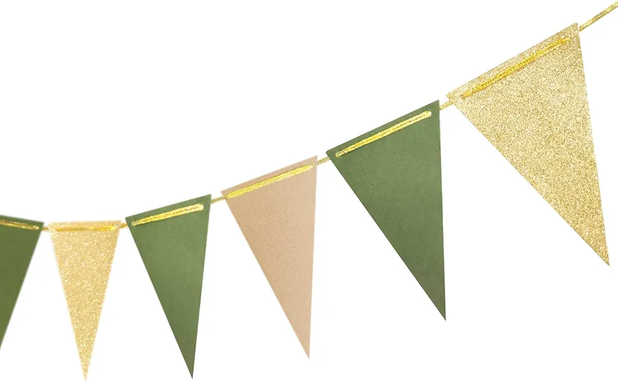 Glitter Golden Green Triangle Banner Greenery Party Decoration Supplies Paper Bunting Signs for Birthday Nursery Classroom Anniversary Chirstmas Decoration Graduation Flags 15 pcs 10 Feet