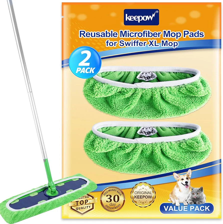 KEEPOW X-Large Reusable 100% Cotton Mop Pads Compatible with Swiffer XL, Washable XL Mop Refill Replacement for All Hardwood Dry & Wet Cleaning (2 Pack)