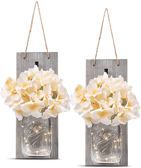 HOMKO Decorative Mason Jar Wall Decor - Rustic Wall Sconces with 6-Hour Timer LED Fairy Lights and Flowers - Farmhouse Home Decor (Set of 2)