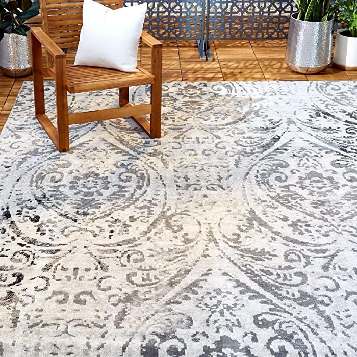 Home Dynamix Nicole Miller Patio Sofia Juniper Indoor/Outdoor Area Rug 5'3"x7'2", Distressed Damask Ivory/Gray