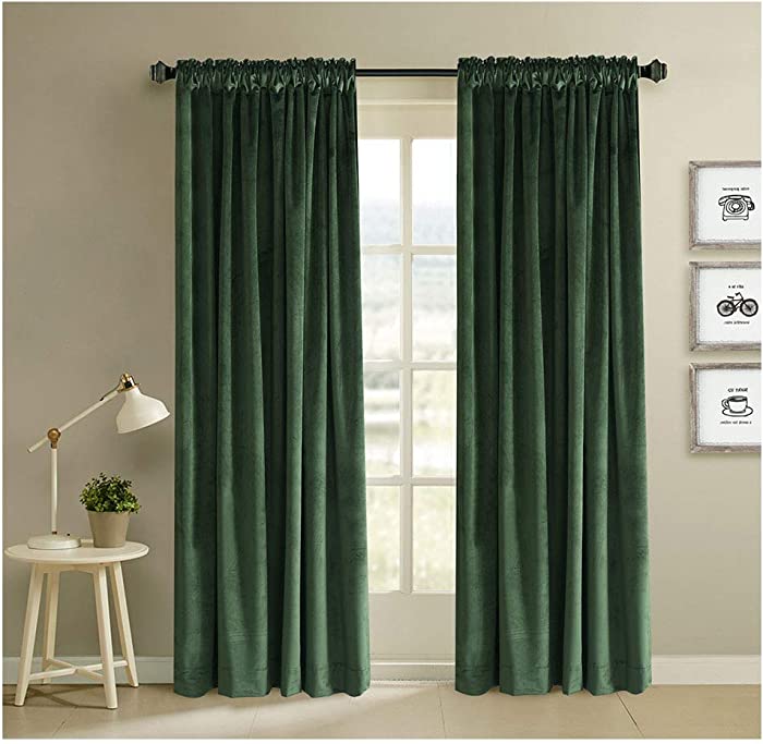 Classic Velvet Mossy Green Set of 2 Blackout Insulated Rod Pocket Drapes Room Darkening Curtains Panel Drapery 52 by 108-Inch (2 Panels)