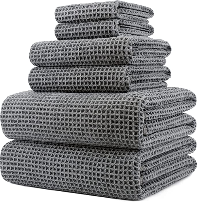 Polyte Oversize, 60 x 30 in., Quick Dry Lint Free Microfiber Bath Towel Set, 6 Piece (Gray, Waffle Weave)