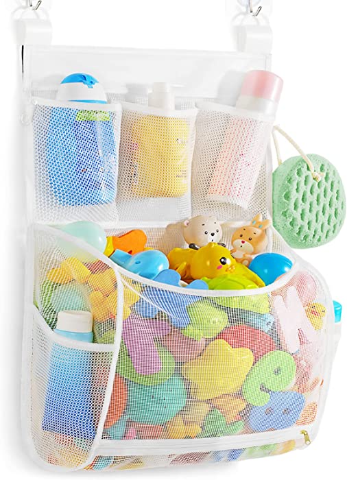 Ligereza Baby Mesh Bath Toy Organizer，Multiple Ways to Hang, Ultra Large Capacity & Large Opening, Bathroom Toy Holder, Bath Toy Storage Bag With 5 Side Pockets (Large White)