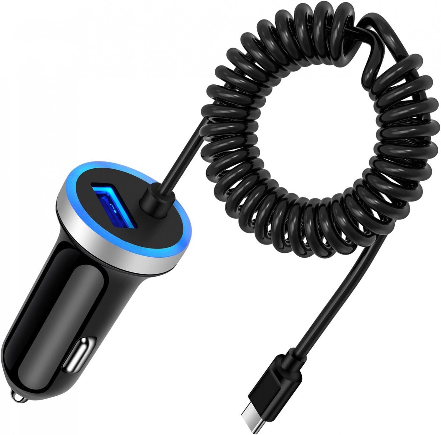 Fast Car Charger Type C Car Plug Android Phone USB C Car Charger Cigarette Lighter Adapter Fast Charging C Coiled Cable for Samsung Galaxy A13 5G/S22 Ultra/S21/S20/S10/A03s/A11/A12/A21/A32/A51/A52/A53