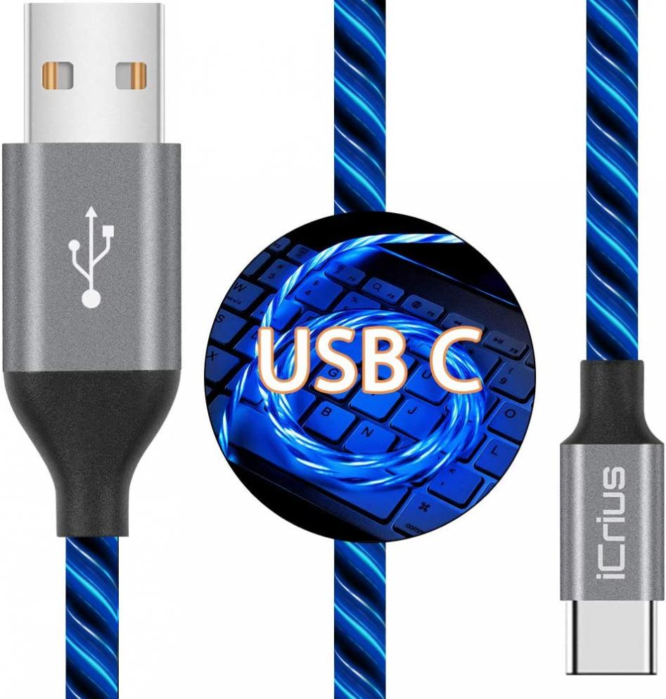 USB Type C Cable, iCrius 3A 6ft LED Light Up Visible Fast Charger Charging Cords USB C Cable Compatible with Samsung Galaxy S10 S10E S9 S8 Plus Note 10 9 8,Moto Z,LG G8 and More