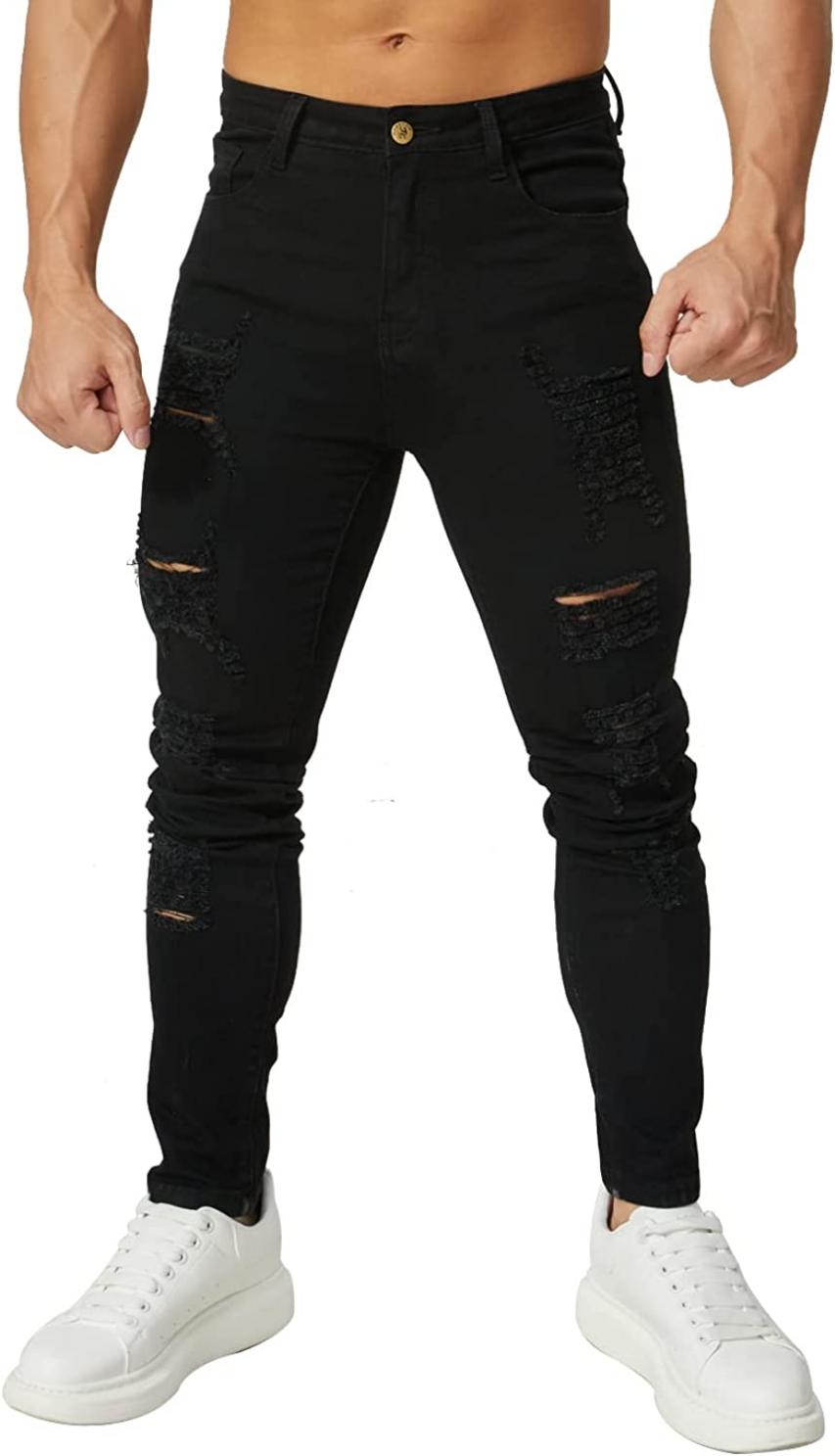 HUNGSON Men's Stretchy Ripped Skinny Biker Jeans Taped Slim Fit Denim Pants