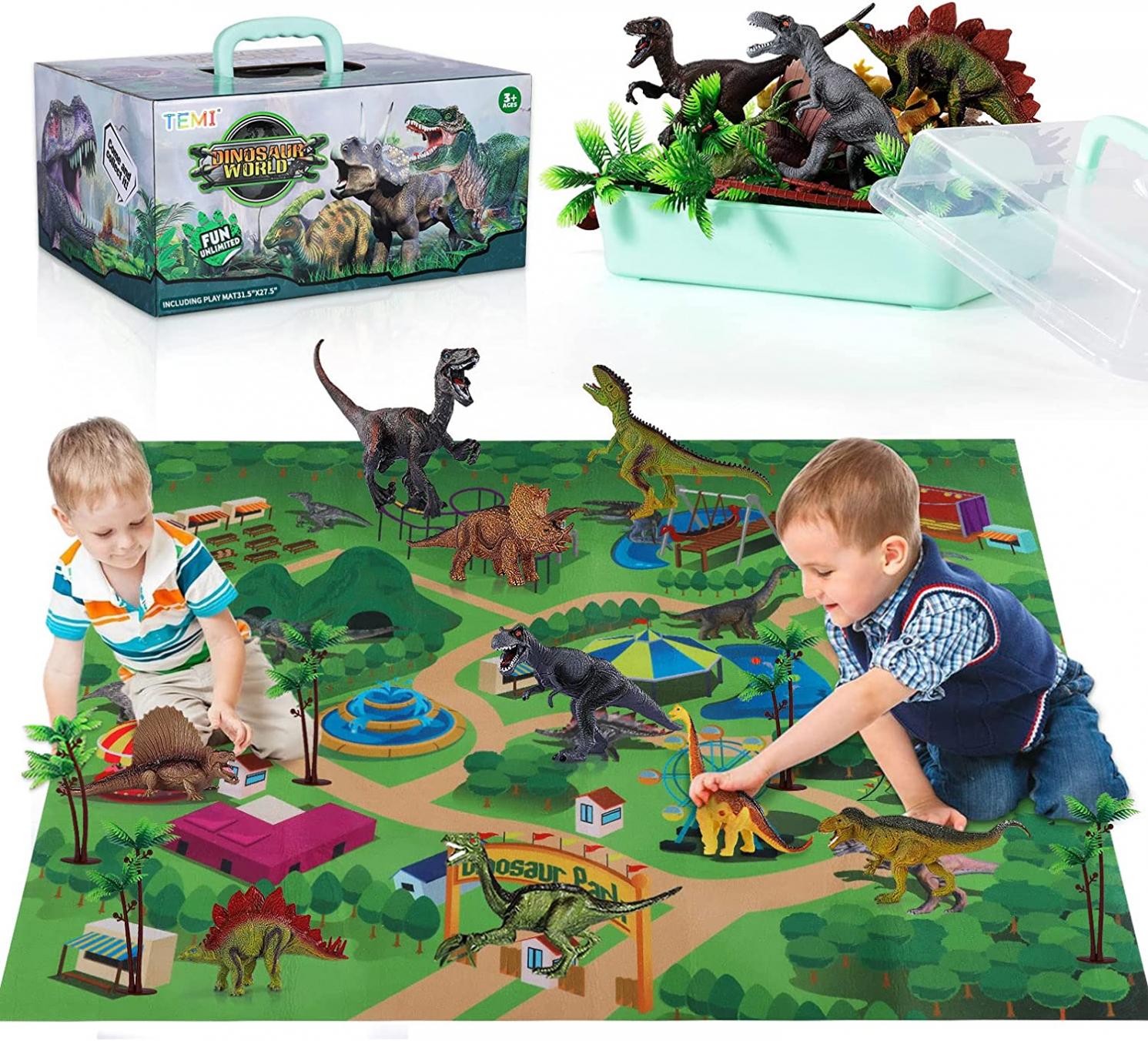 TEMI Dinosaur Toys for Kids 3-5 with Activity Play Mat & Trees, Realistic Jurassic Dinosaur Play Set to Create a Dino World Including T-Rex, Triceratops, Velociraptor, Great Gift for Boys & Girls