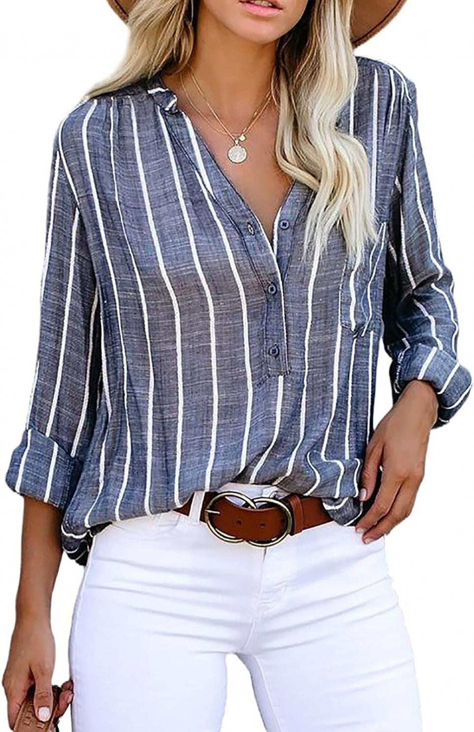 Astylish Womens V Neck Striped Roll up Sleeve Button Down Blouses Top