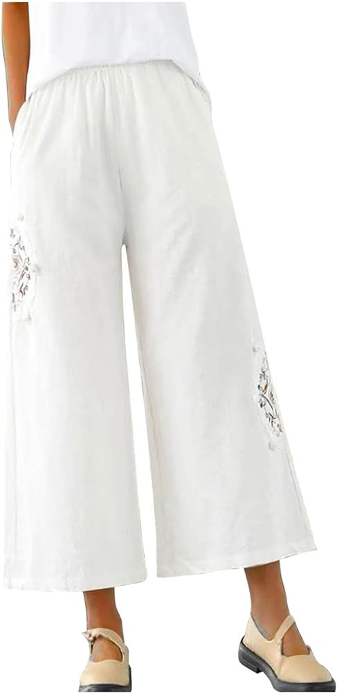 Ceboyel Women's Wide Leg Linen Pants for Women Embroidery Palazzo Lounge Pants High Waist Beach Pants Ladies Boho Clothing