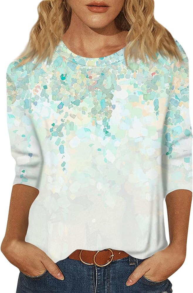 Womens Tops 3/4 Sleeve Crewneck Cute Shirts Casual Trendy Print Blouses Length T Shirt 2024