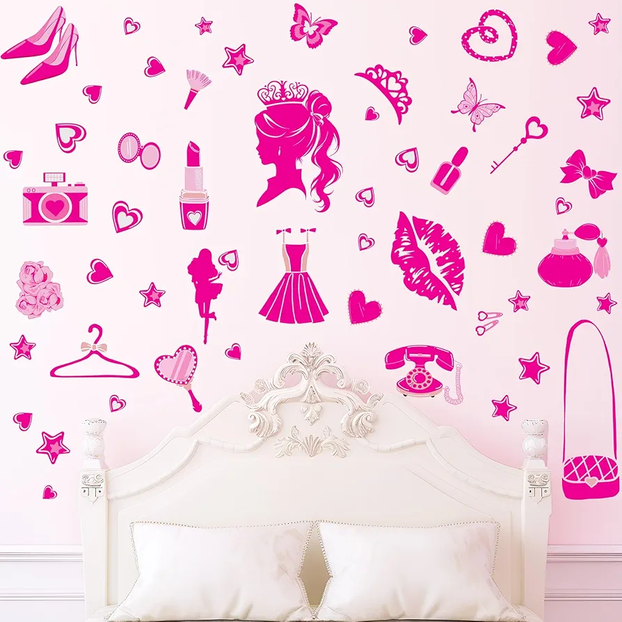 SEPGLITTER 49 Pcs Pink Doll Stickers,Pink Princess Room Decoration Wall Stickers for Girls Bedroom，Hot Pink Wall Sticker for Girls Birthday Party Decorations