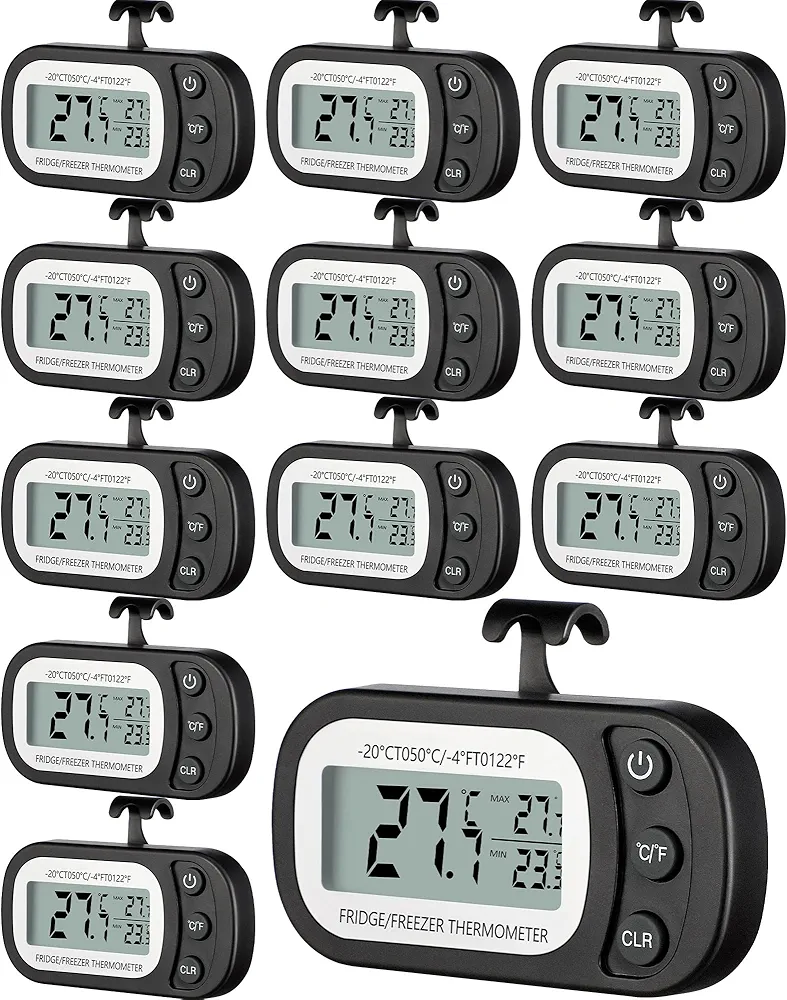 12 Pack Digital Fridge Thermometer Waterproof Freezer Room Thermometer Max/Min Record Function with Large LCD Screen Refrigerator Thermometer with Hook and Magnetic Back for Kitchen Home (Black)