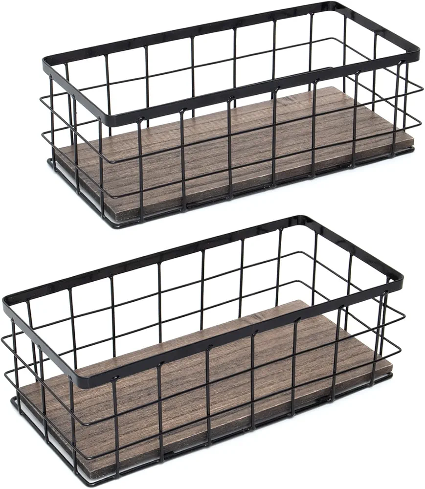 ROSE BLOOM Small Metal Wire Storage Basket, Decorative Wood Base Organizer for Bathroom, Kitchen, Laundry Room, Wall Mounted or Countertop Basket for Toilet Paper, Towel, Spices (2 Pack)