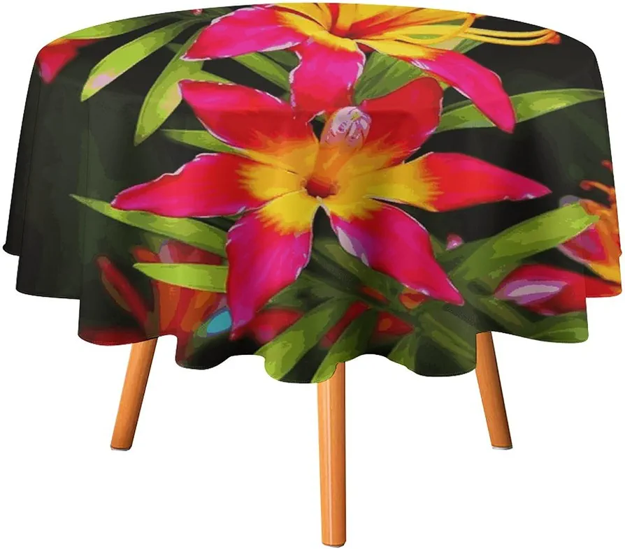 Hawaiian Colorful Flower Round Tablecloth 60 Inch Waterproof Wrinkle Free Table Cover Stain Resistant Washable Table Cloth for Picnic Party Dining Room Home Decor