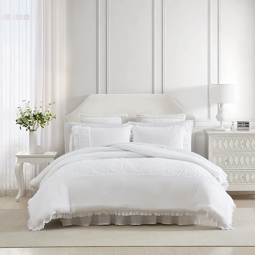 Laura Ashley - Queen Comforter, Reversible Bedding Set with Matching Shams, Ruffled Home Decor, Dorm Room Essentials (Eyelet Ruffle White, Queen)